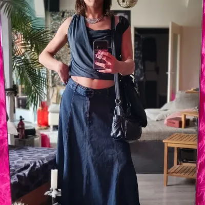 trans escort joy in a blue jeans skirt