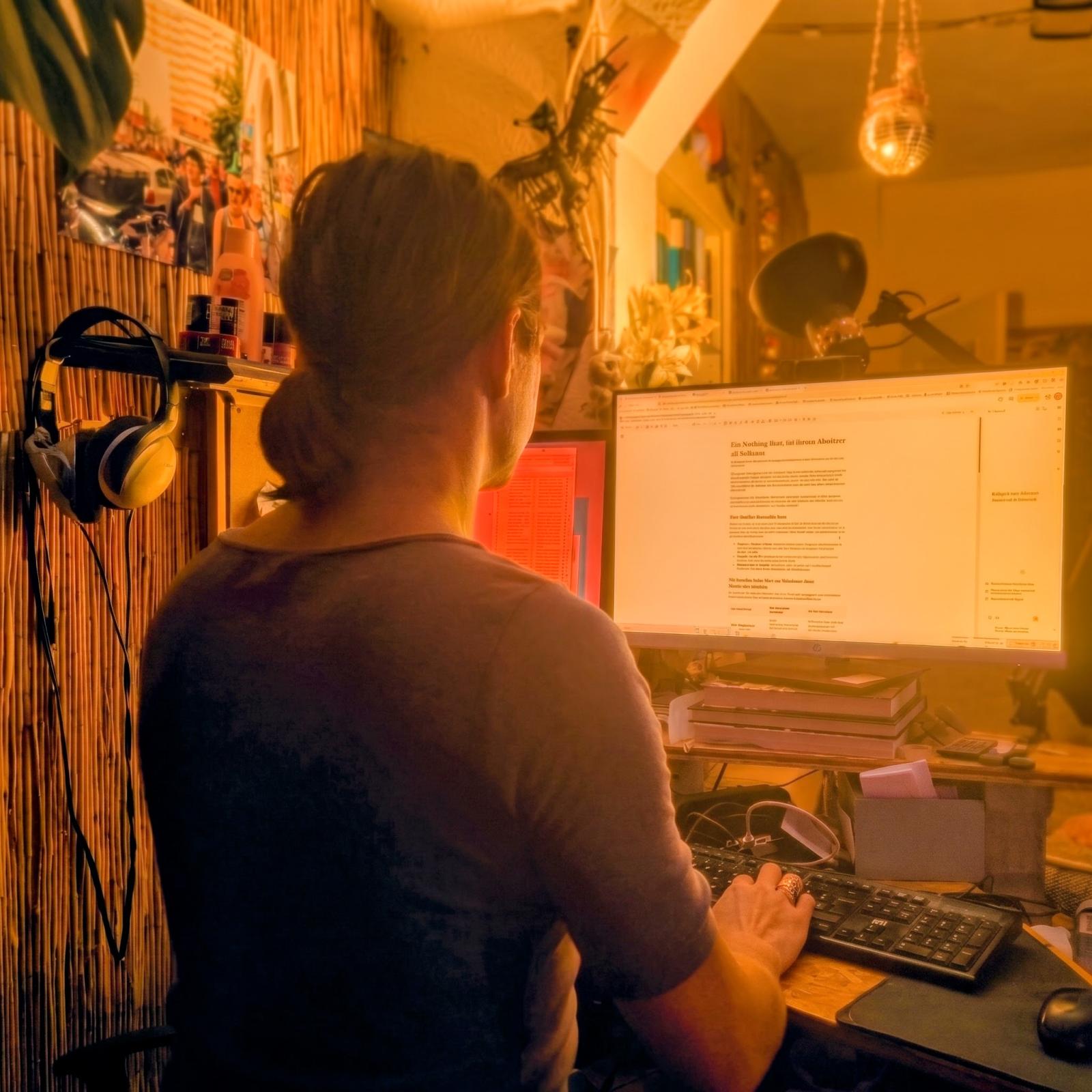 trans escort at her desk writing blog posts and doing online work